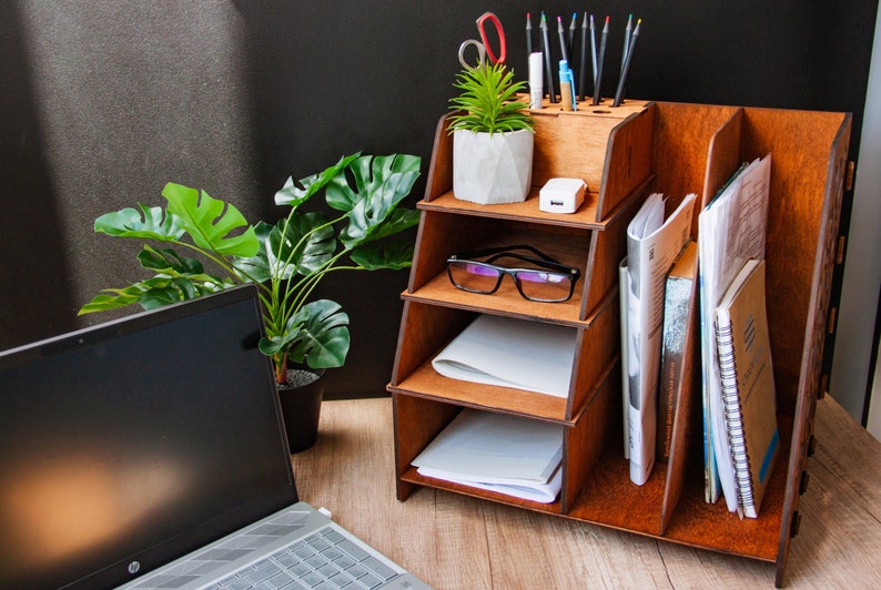 Personalized desk organizer, Office supplies organizer, Wood desktop organizer, Wooden table organizer, Document holder stand, Desktop decor image 1