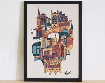 Bath Skylines - Fine Art Giclee Print - Painting of Architecture & Buildings around Bath , England