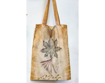 Plant Dyed Organic Bag, Calico tote shopper bag, sustainable, vegan and unique “Forest Dancer”