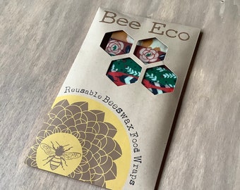 Organic Beeswax Wraps, pack of 4 Gots certified, designed by textile artists, unique and authentic Eco sustainable source.