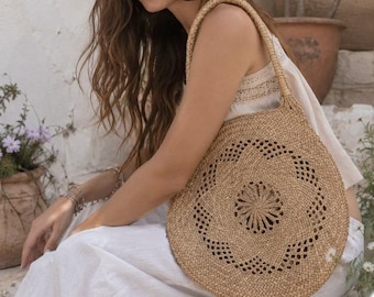Vintage Woven Straw Round Tote Bag Tan Floral Open Weave Beach Purse Boho 1970s