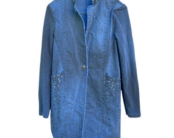 Verzauberte Denim Duster Blazer Blau Strass Kleine Y2K Bratz Italien Glam Punk