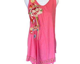 Johnny Was JWLA Embroidered Floral Parrot Pink Tunic Tank Top Small Boho Y2K Lux