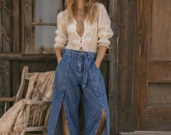 Vintage 1990s High Waist Denim Chaps Jeans Slits 6 Western Cowgirl Barrel Boho
