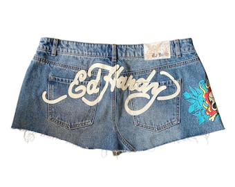 Y2K Ed Hardy Denim Micro Mini Low Rise Blue Jean Skirt XL Tattoo Skull Grunge