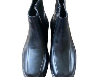 Vintage Leather Square Toe Black Ankle Boots 10 Western Biker Rocker Utility 90s