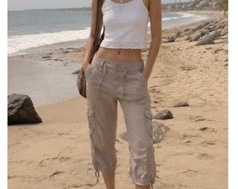 Y2K Vintage Capri Cargohose, Größe 4, Braun, Utility, Erdfarben, Sommer, Boho, Gorpcore, Strand