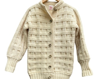 Vintage Cyril Cullen irische Wolle Strickjacke Creme strukturierten Strickknopf Fischer