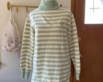 Vintage 90s Striped Green Turtleneck Top Small Oversized Preppy Old Money Tennis
