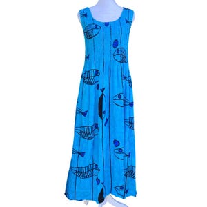 blue fish dress vintage 1960s Blue Fish Dress | Bust 36" | Embroidered | Vintage