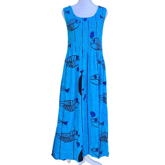 blue fish dress vintage Print Smocked Maxi Small Coastal Boho Hippie Granola 90s Hancy-1012 flutter sleeves Shoe Size:40 90s Mesh Overlay Dress