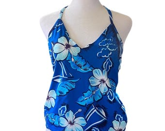 Y2K Tropical Hibiscus Floral Blue Halter Tankini Top 12 Pool Party Summer Retro