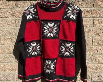 Maglione vintage anni '90 con patchwork di fiocchi di neve, stile nordico, rosso, taglia M, stile Heritage Cabincore