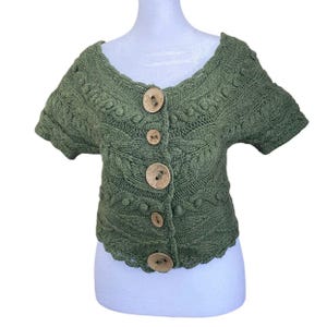 Anthropologie Cable Knit Chunky Wool Green Crop Cardigan Small Earthy Goblincore image 1