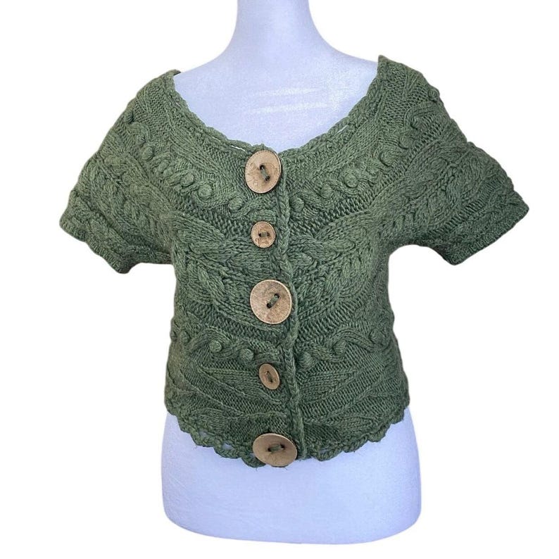 Anthropologie Cable Knit Chunky Wool Green Crop Cardigan Small Earthy Goblincore image 1