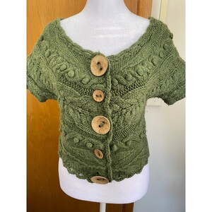 Anthropologie Cable Knit Chunky Wool Green Crop Cardigan Small Earthy Goblincore image 2