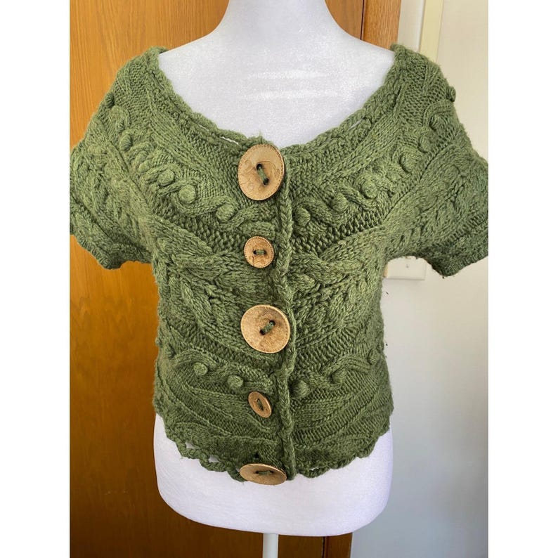 Anthropologie Cable Knit Chunky Wool Green Crop Cardigan Small Earthy Goblincore image 2
