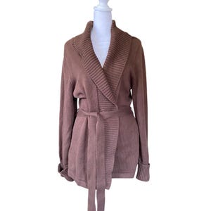 Vintage Liz Claiborne Cotton Shawl Collar Belted Wrap Brown Cardigan Large Boho