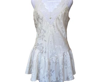 Vintage Victorias Secret Satin Lace Ruffle Basque Waist Cream Mini Slip Dress XL