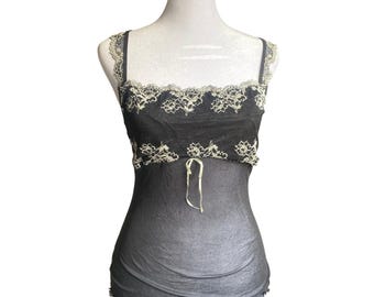 Vintage Y2K Sheer Mesh Lace Black Camisole Tank Top Large Coquette Femme Sleaze