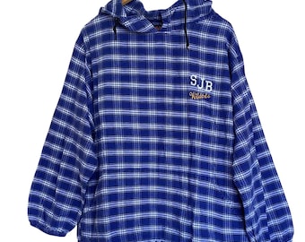 Vintage Y2K Plaid Embroidered Hooded Blue Flannel Shirt L XL USA Sporty Rugby