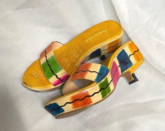 Y2K Wanted Bahama Yellow Colorblock Kitten Heel Slide Sandals 5 Artsy Resort 90s