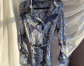 Y2K Mesh Paisley Cinched Blue Tunic Top 1X Sheer Siren Fairy Bohemian Sleaze