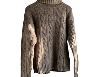 Vintage 90s Wool Cable Knit Oversized Brown Turtleneck Sweater Medium Heritage
