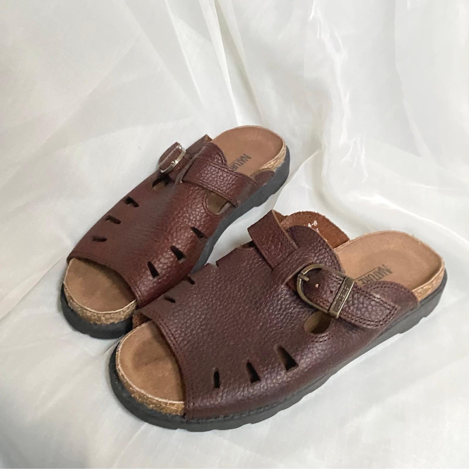 Vintage 1990s Pebbled Leather Buckle Cutout Brown Slide Sandals 5.5 Boho Granola