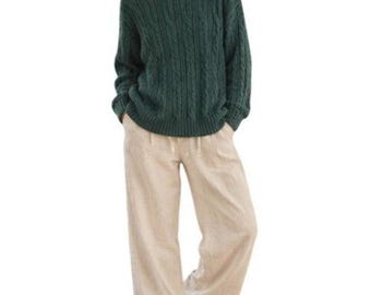 Vintage-Pullover mit Zopfmuster, Größe L, Grün, Baumwolle, Rundhalsausschnitt, Heritage Woods Cabincore