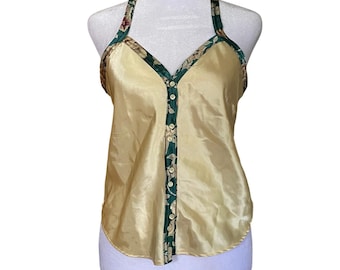 Vintage Satin Floral Trim Button Front Yellow Camisole Tank Top Small Boho Hippy