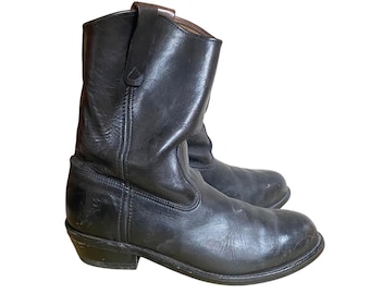 Botas vaqueras vintage Western Roper de cuero negro para hombre, talla 9, con suela Vibram Heritage Woods.