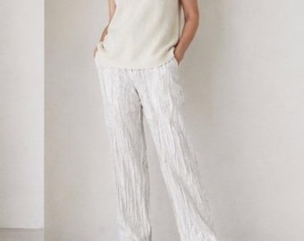 Eileen Fisher Linen Straight Leg Pants Beige Italian Medium Lagenlook Boho Earth