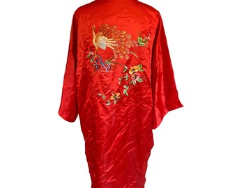 Kimono vintage 100% seda bordado à mão com estampa floral de pavão vermelho, estilo oriental boho.