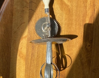Vintage A&J Hand Crank Egg Beater Whisk Wood Handle Made in USA Cottage Trad MCM