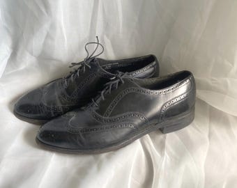 Vintage Leather Wingtip Oxford Brogue Black Dress Shoes 10 Preppy Academia Work