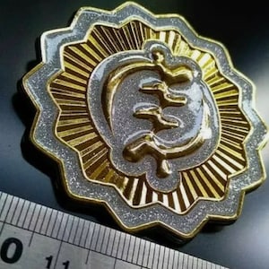 May include: A gold and silver circular pin with a stylized symbol in the center. The symbol is white with a gold outline and is surrounded by a gold ring with a silver glitter border. The pin is approximately 1.5 inches in diameter.
