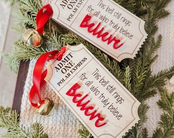 Polar Express Bell Ticket, Christmas Ornament, Maple Plywood with Golden Bell
