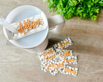 Personalized Stanley Tumbler Name Plate: Daisy Acrylic Tag, 2.0 Topper