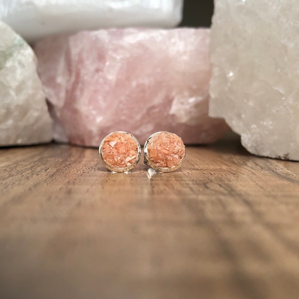 8mm Genuine Rough Peach Moonstone Druzy Style Stud Earrings