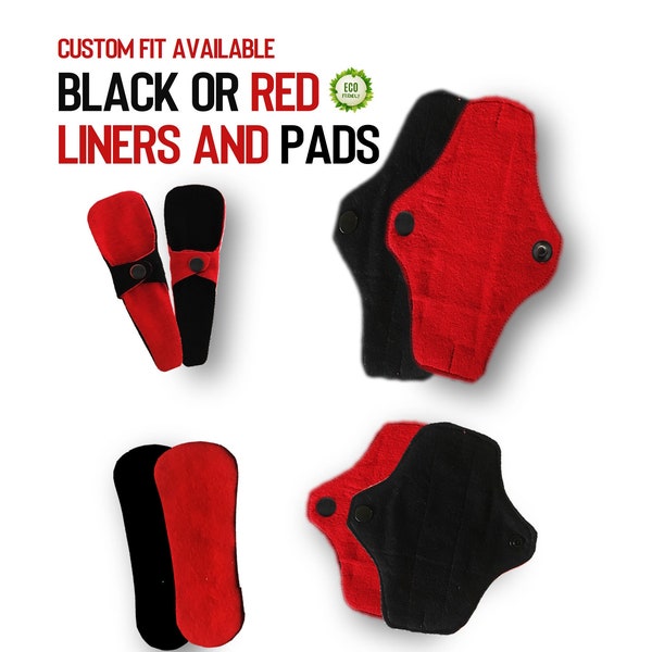 Black or red reusable thong/panty liners and sanitary pads - Wingless or Winged - 100% Cotton - Custom fit available