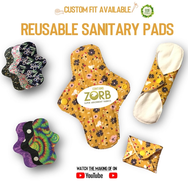 Reusable sanitary towels / cloth pads with Zorb and PUL - Small, Medium, Large, Extra Large, XXL