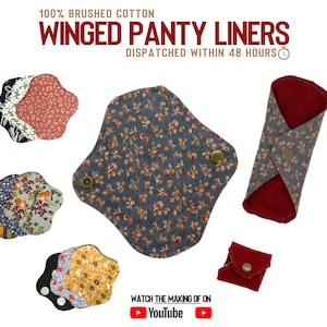 Reusable panty liners with wings - 4 to 6 layers - 100% Brushed Cotton / Flannel - Made in the UK - Custom fit available