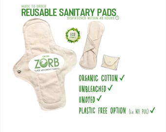 Reusable sanitary towels / cloth pads with Zorb and PUL - All sizes - Unbleached, undyed organic brushed cotton, metallic snaps - UK made