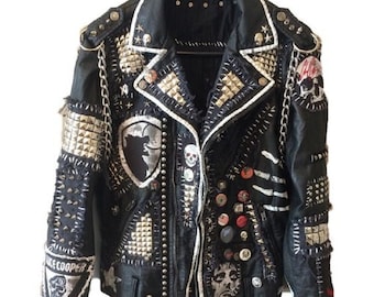 Men Fashion Hippie Multi Studs Metal Chain Genuine Cowhide Leather Handmade Patches Zippered Gothic Punk Jacket