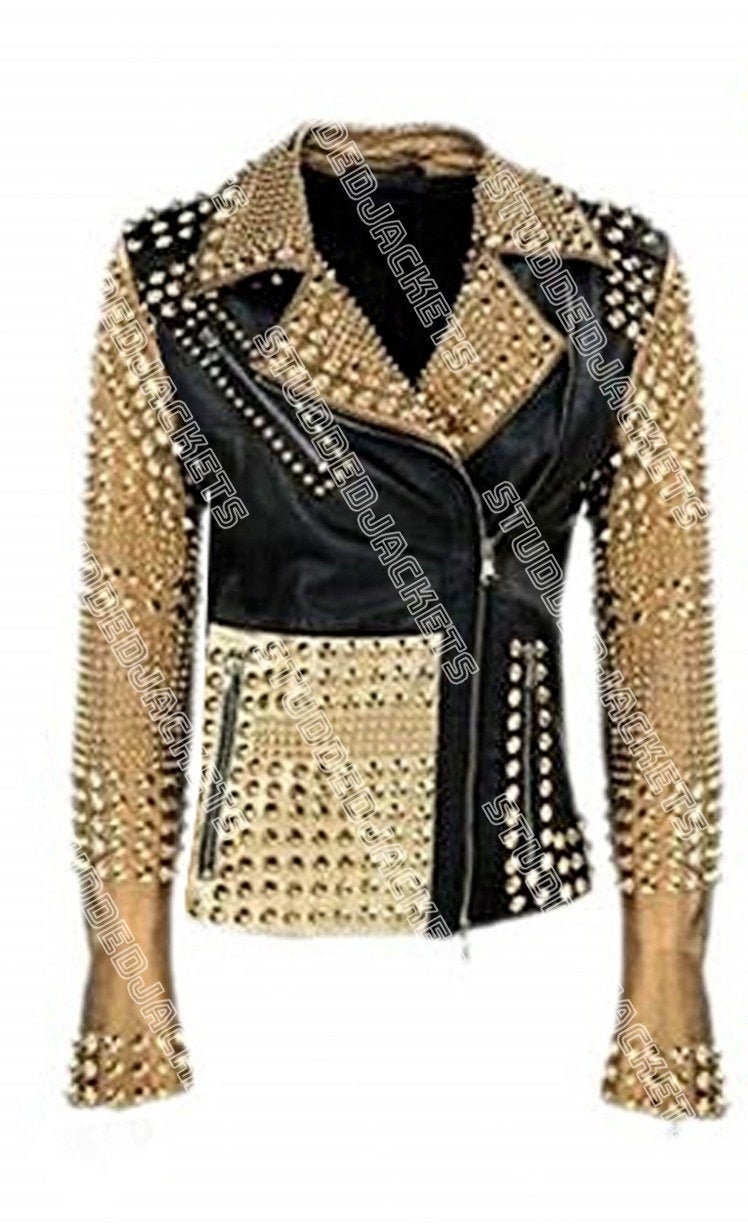 Women Golden Studded Leather Jacket With Black Gold Leather - Etsy