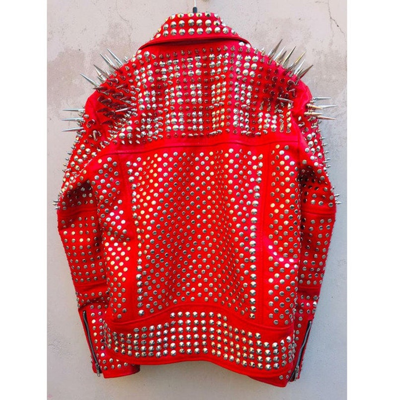 Customize Red Extreme Spike Studs Cowhide Leather Handmade Men