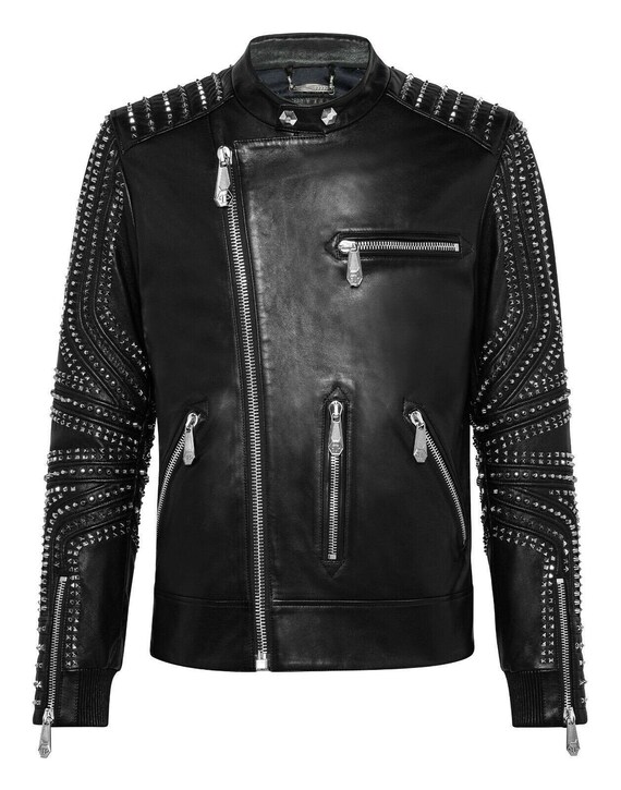 Men's Studded Bomber Zippered Leather Jacket main image 1