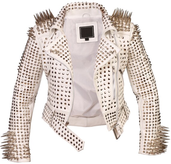 Women Full White Silver Studded Leather Jacket Premium Leather