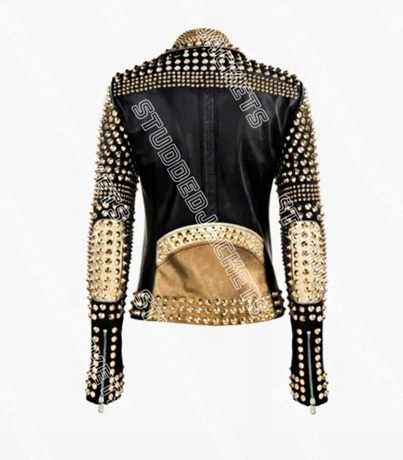 Women Golden Studded Leather Jacket with Black Gold Leather Etsy